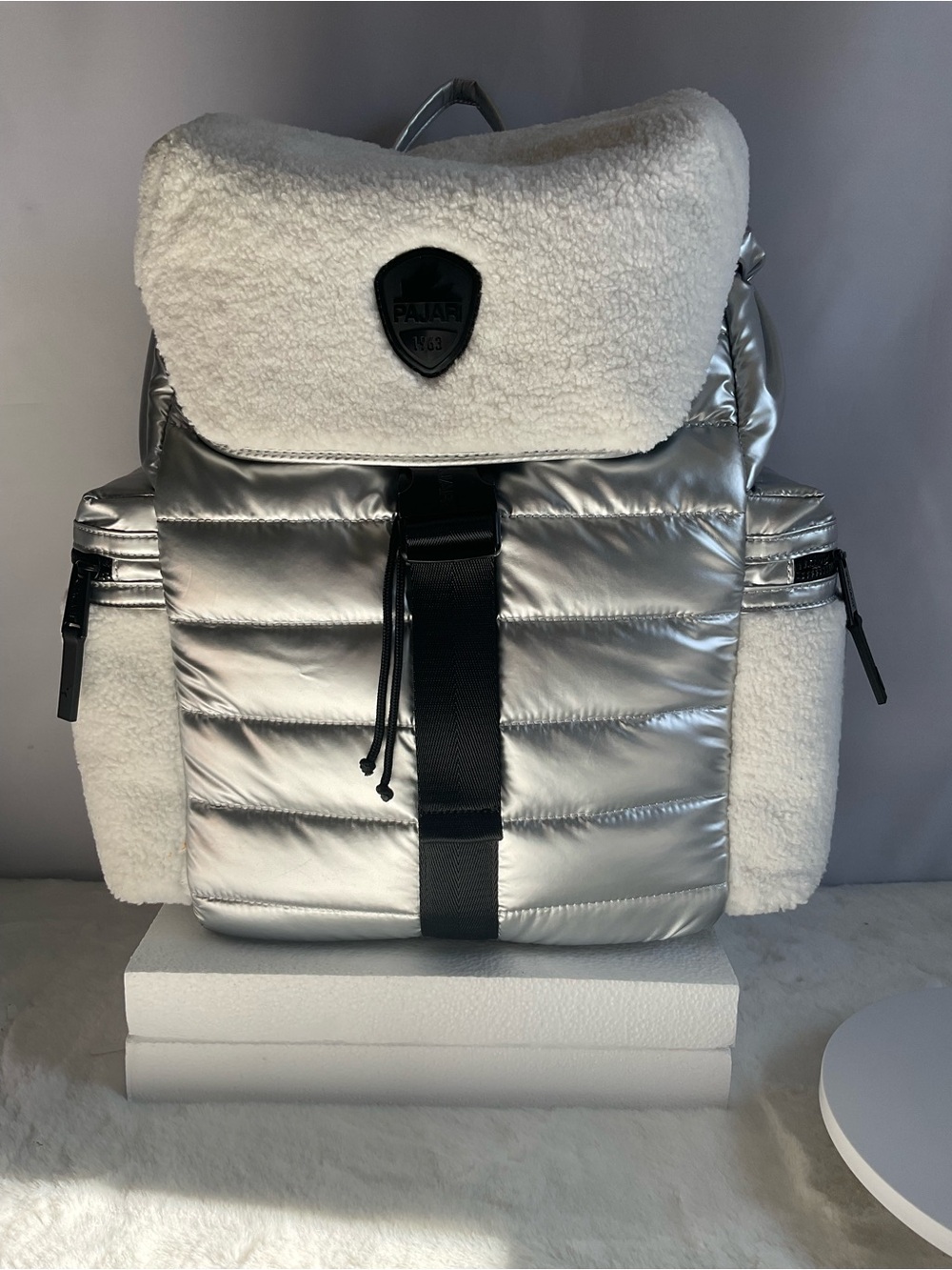 PAJAR Silver Metallic Puffer Backpack White Fleece Sherpa Trim NWT $128 Retail